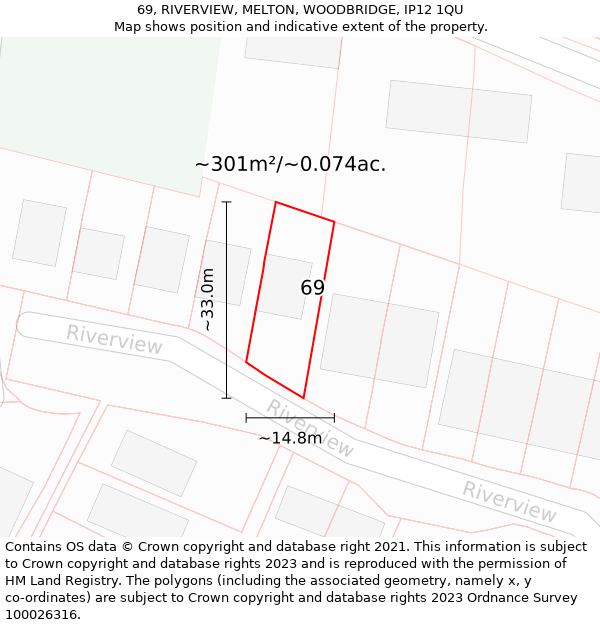 69, RIVERVIEW, MELTON, WOODBRIDGE, IP12 1QU: Plot and title map