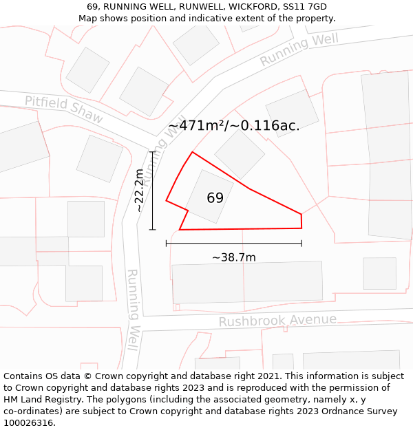 69, RUNNING WELL, RUNWELL, WICKFORD, SS11 7GD: Plot and title map