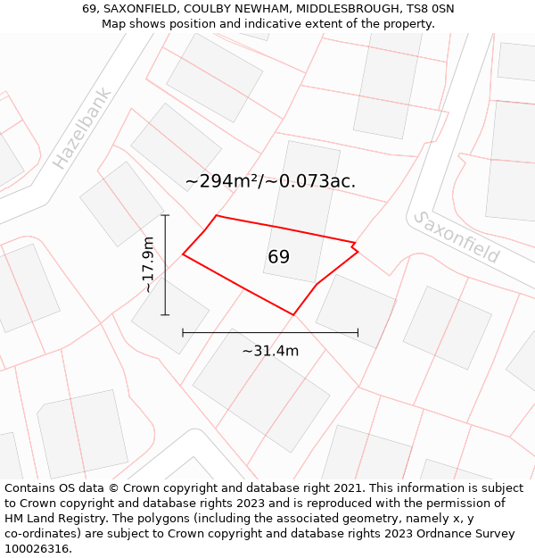 69, SAXONFIELD, COULBY NEWHAM, MIDDLESBROUGH, TS8 0SN: Plot and title map