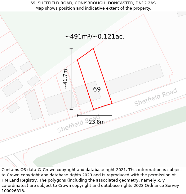 69, SHEFFIELD ROAD, CONISBROUGH, DONCASTER, DN12 2AS: Plot and title map
