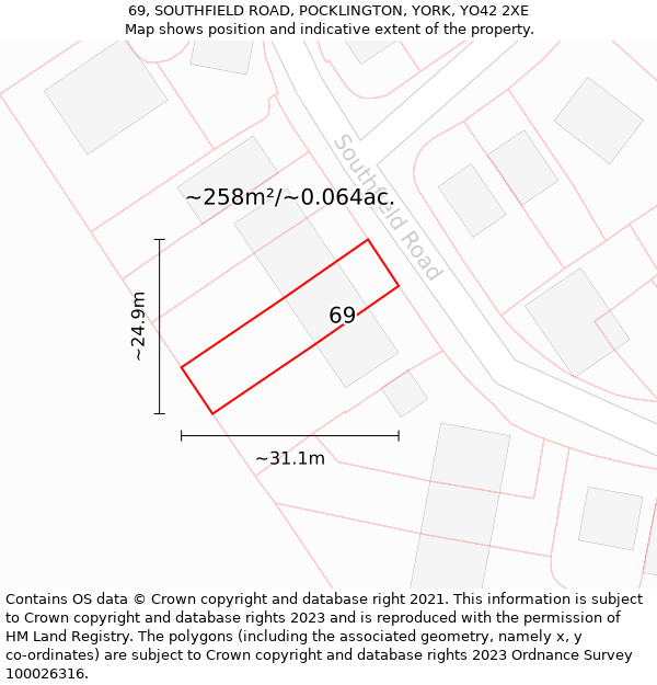 69, SOUTHFIELD ROAD, POCKLINGTON, YORK, YO42 2XE: Plot and title map