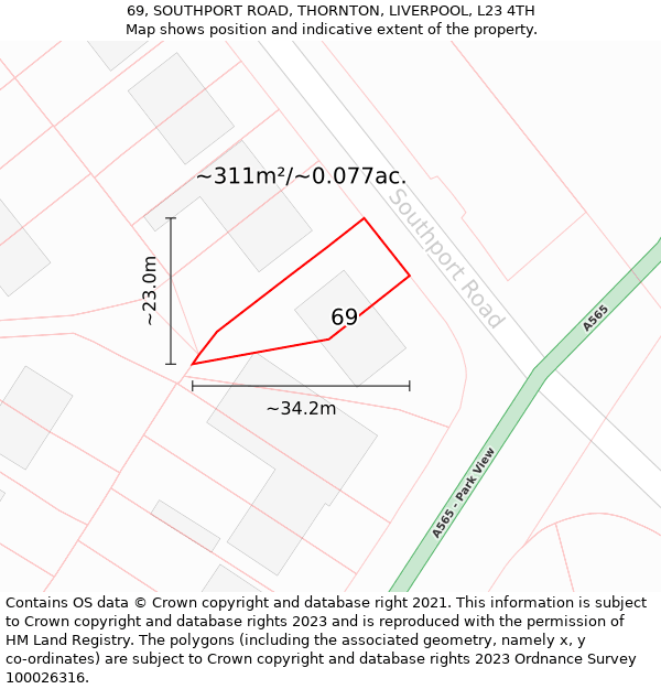 69, SOUTHPORT ROAD, THORNTON, LIVERPOOL, L23 4TH: Plot and title map