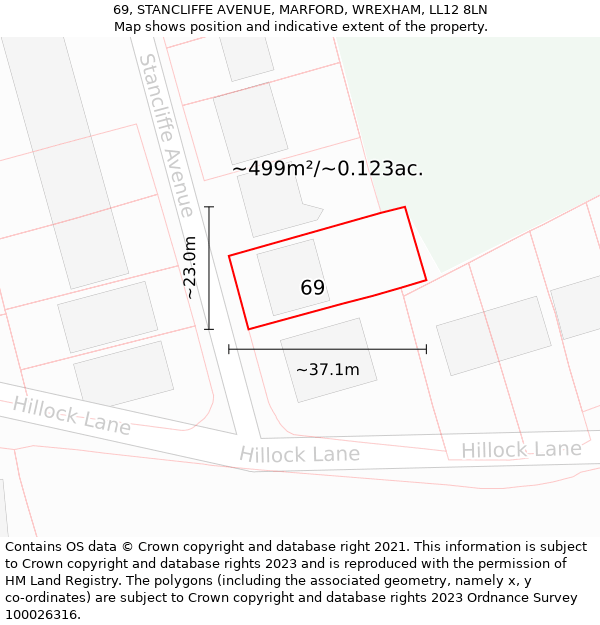 69, STANCLIFFE AVENUE, MARFORD, WREXHAM, LL12 8LN: Plot and title map