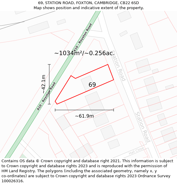 69, STATION ROAD, FOXTON, CAMBRIDGE, CB22 6SD: Plot and title map