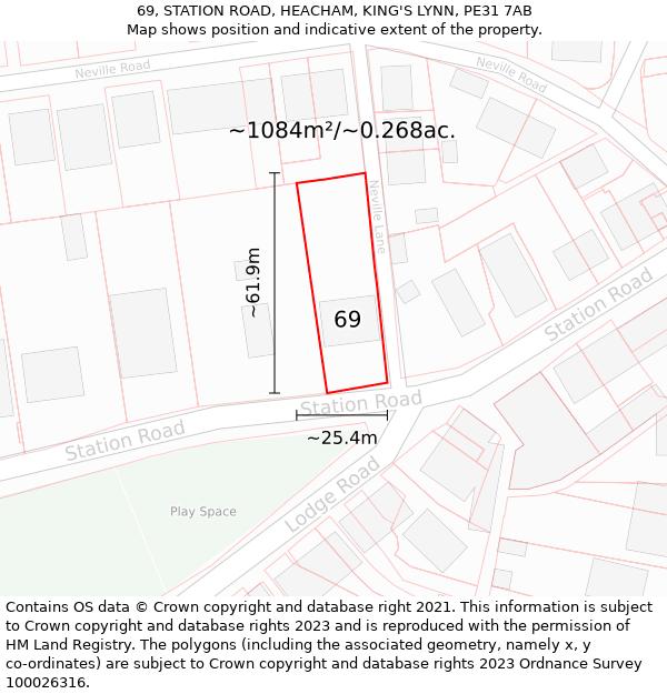 69, STATION ROAD, HEACHAM, KING'S LYNN, PE31 7AB: Plot and title map