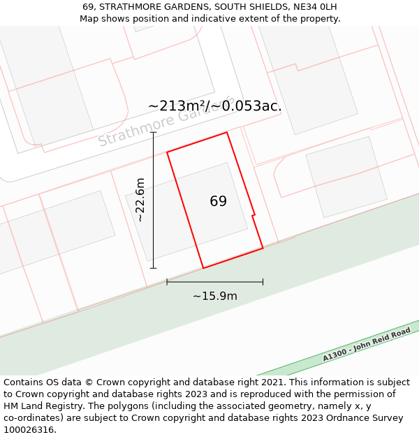 69, STRATHMORE GARDENS, SOUTH SHIELDS, NE34 0LH: Plot and title map