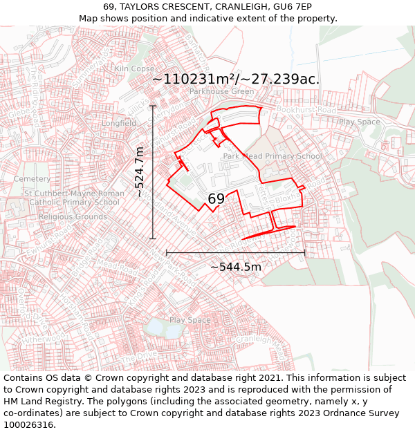 69, TAYLORS CRESCENT, CRANLEIGH, GU6 7EP: Plot and title map