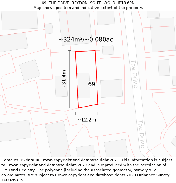 69, THE DRIVE, REYDON, SOUTHWOLD, IP18 6PN: Plot and title map