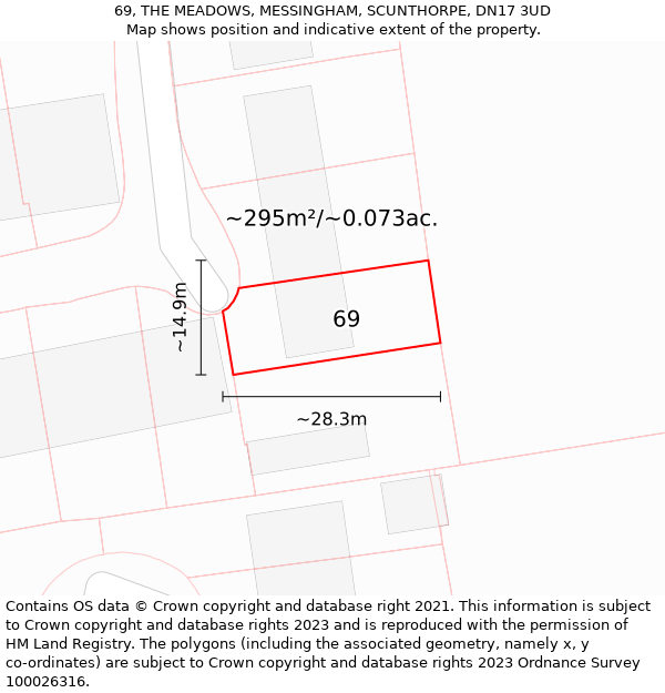 69, THE MEADOWS, MESSINGHAM, SCUNTHORPE, DN17 3UD: Plot and title map