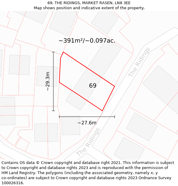 69, THE RIDINGS, MARKET RASEN, LN8 3EE: Plot and title map