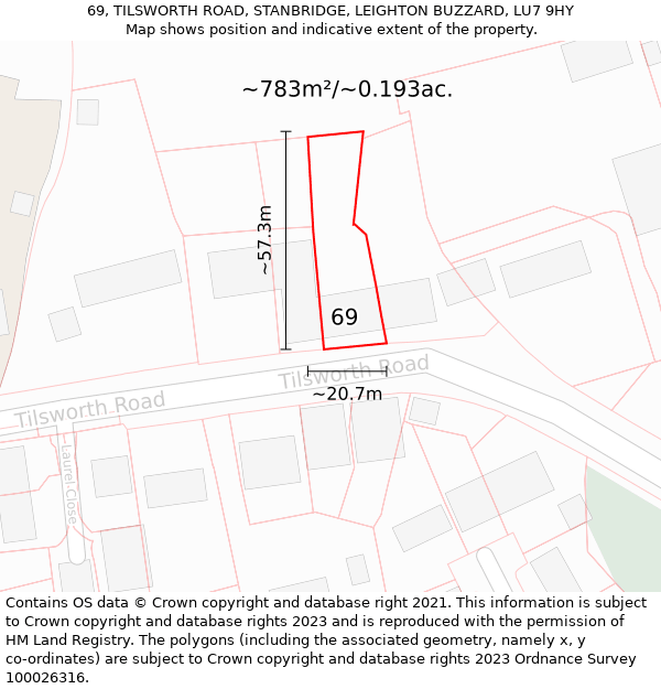 69, TILSWORTH ROAD, STANBRIDGE, LEIGHTON BUZZARD, LU7 9HY: Plot and title map