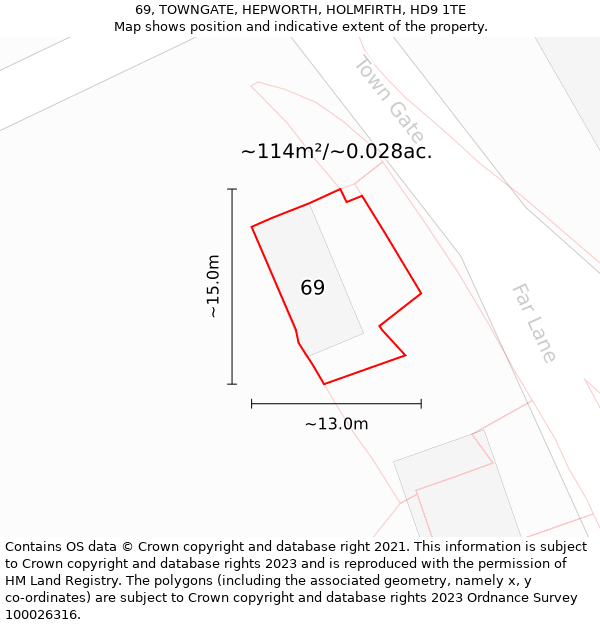 69, TOWNGATE, HEPWORTH, HOLMFIRTH, HD9 1TE: Plot and title map