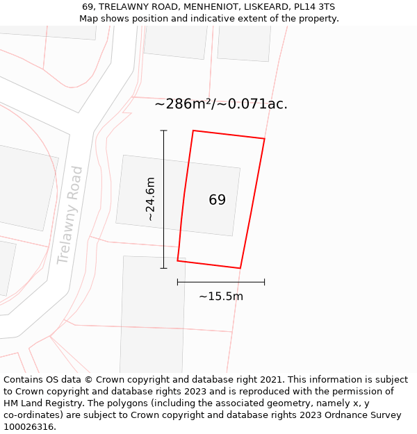 69, TRELAWNY ROAD, MENHENIOT, LISKEARD, PL14 3TS: Plot and title map