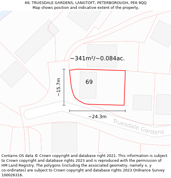 69, TRUESDALE GARDENS, LANGTOFT, PETERBOROUGH, PE6 9QQ: Plot and title map