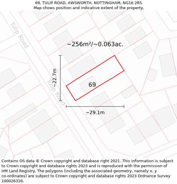 69, TULIP ROAD, AWSWORTH, NOTTINGHAM, NG16 2RS: Plot and title map