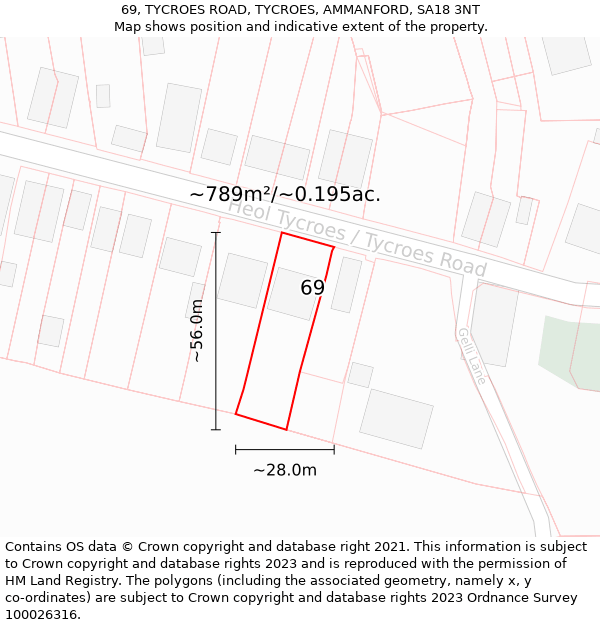 69, TYCROES ROAD, TYCROES, AMMANFORD, SA18 3NT: Plot and title map