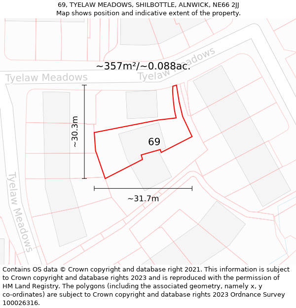 69, TYELAW MEADOWS, SHILBOTTLE, ALNWICK, NE66 2JJ: Plot and title map