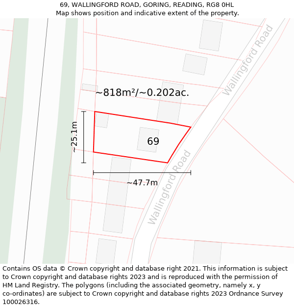 69, WALLINGFORD ROAD, GORING, READING, RG8 0HL: Plot and title map