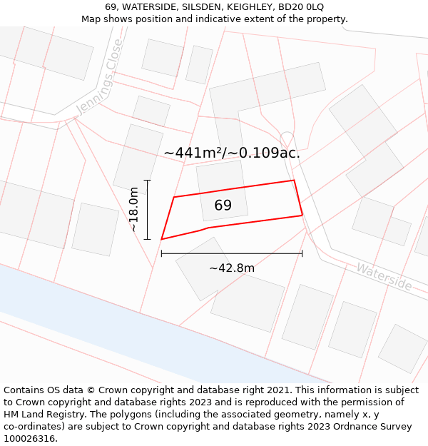 69, WATERSIDE, SILSDEN, KEIGHLEY, BD20 0LQ: Plot and title map