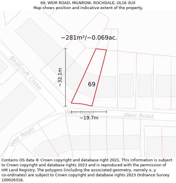 69, WEIR ROAD, MILNROW, ROCHDALE, OL16 3UX: Plot and title map