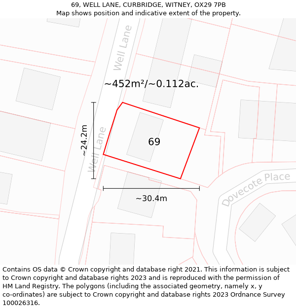 69, WELL LANE, CURBRIDGE, WITNEY, OX29 7PB: Plot and title map