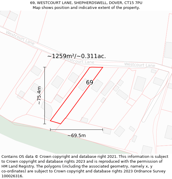 69, WESTCOURT LANE, SHEPHERDSWELL, DOVER, CT15 7PU: Plot and title map