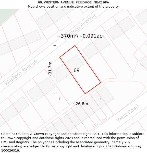 69, WESTERN AVENUE, PRUDHOE, NE42 6PA: Plot and title map