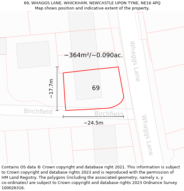 69, WHAGGS LANE, WHICKHAM, NEWCASTLE UPON TYNE, NE16 4PQ: Plot and title map