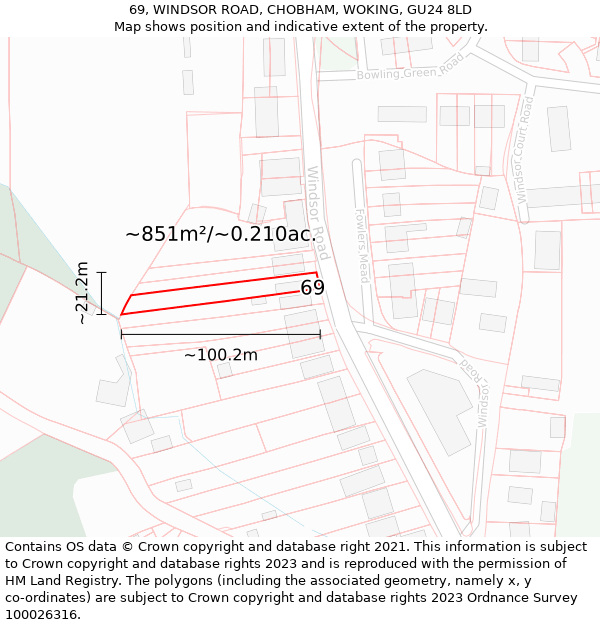 69, WINDSOR ROAD, CHOBHAM, WOKING, GU24 8LD: Plot and title map