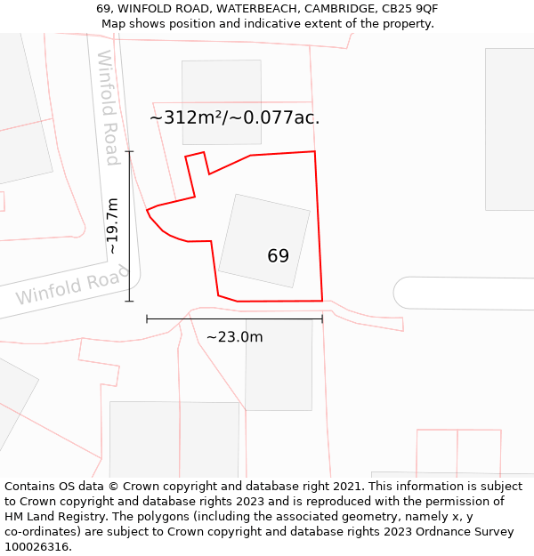 69, WINFOLD ROAD, WATERBEACH, CAMBRIDGE, CB25 9QF: Plot and title map