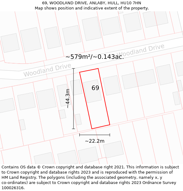 69, WOODLAND DRIVE, ANLABY, HULL, HU10 7HN: Plot and title map