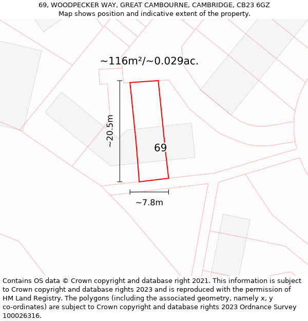 69, WOODPECKER WAY, GREAT CAMBOURNE, CAMBRIDGE, CB23 6GZ: Plot and title map