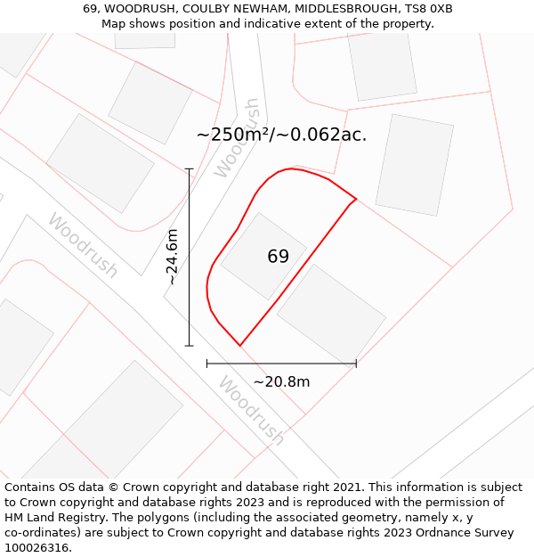 69, WOODRUSH, COULBY NEWHAM, MIDDLESBROUGH, TS8 0XB: Plot and title map