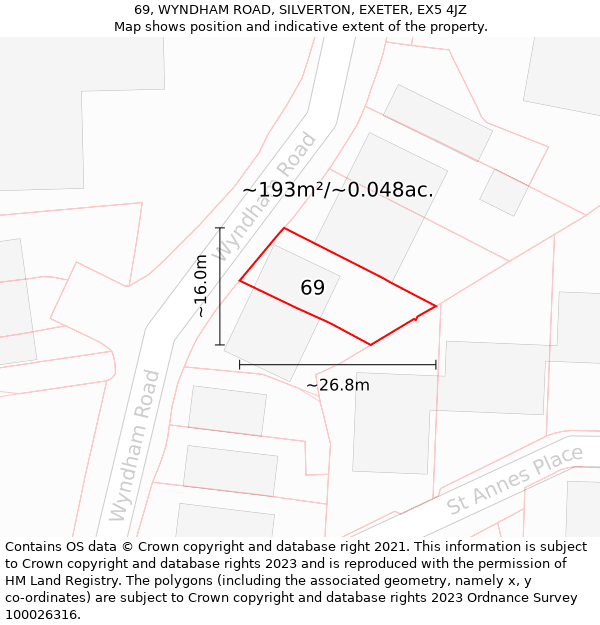 69, WYNDHAM ROAD, SILVERTON, EXETER, EX5 4JZ: Plot and title map