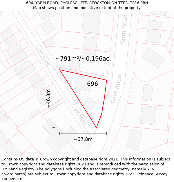 696, YARM ROAD, EAGLESCLIFFE, STOCKTON-ON-TEES, TS16 0RN: Plot and title map