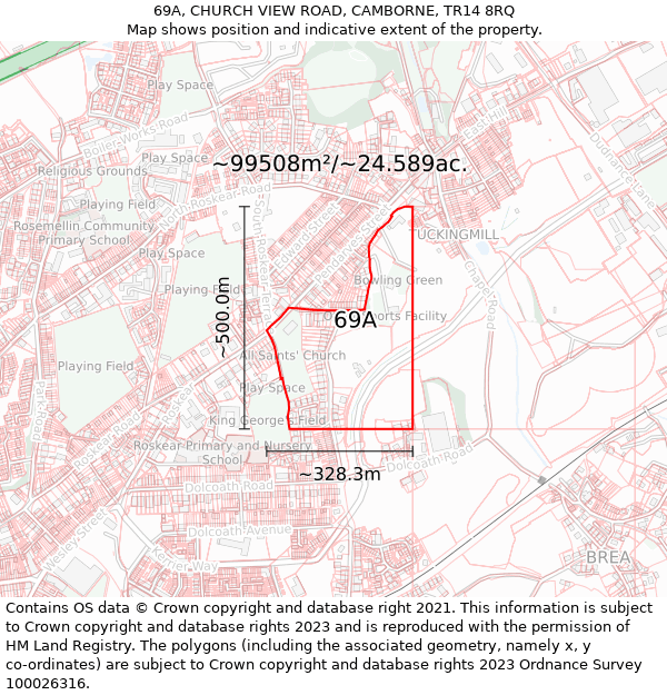 69A, CHURCH VIEW ROAD, CAMBORNE, TR14 8RQ: Plot and title map