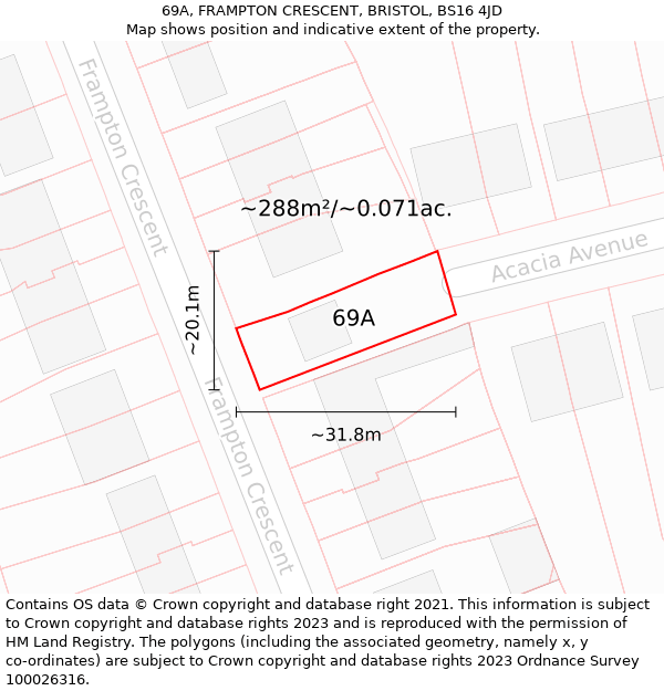 69A, FRAMPTON CRESCENT, BRISTOL, BS16 4JD: Plot and title map