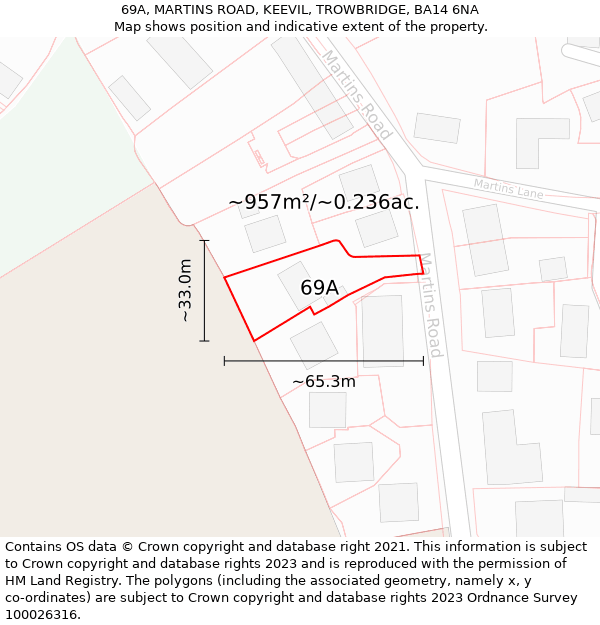 69A, MARTINS ROAD, KEEVIL, TROWBRIDGE, BA14 6NA: Plot and title map