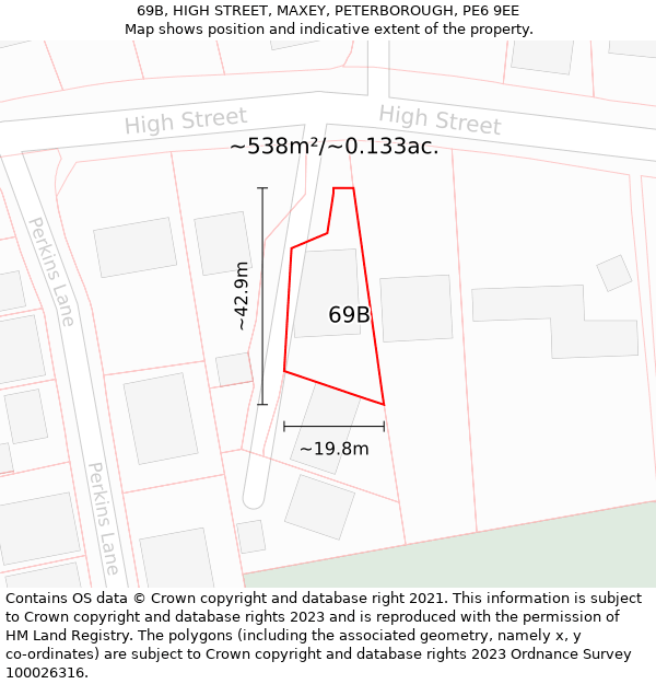 69B, HIGH STREET, MAXEY, PETERBOROUGH, PE6 9EE: Plot and title map