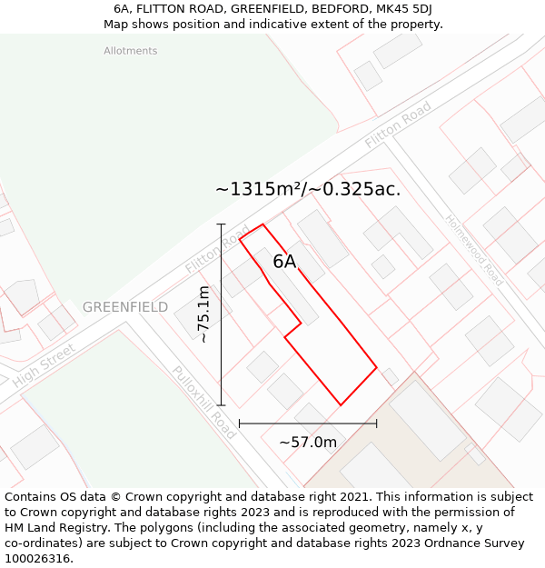 6A, FLITTON ROAD, GREENFIELD, BEDFORD, MK45 5DJ: Plot and title map