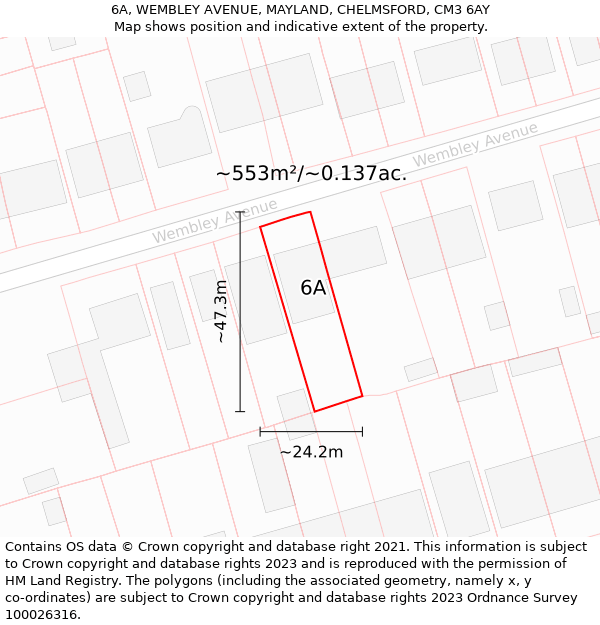 6A, WEMBLEY AVENUE, MAYLAND, CHELMSFORD, CM3 6AY: Plot and title map