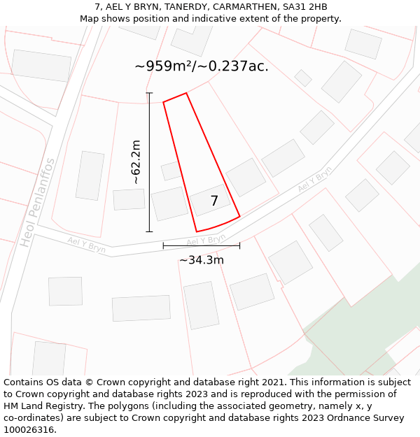 7, AEL Y BRYN, TANERDY, CARMARTHEN, SA31 2HB: Plot and title map