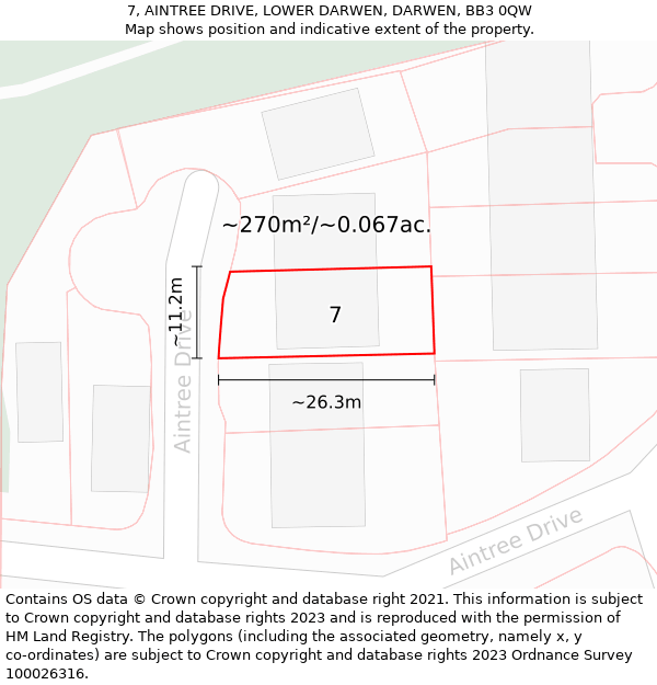 7, AINTREE DRIVE, LOWER DARWEN, DARWEN, BB3 0QW: Plot and title map