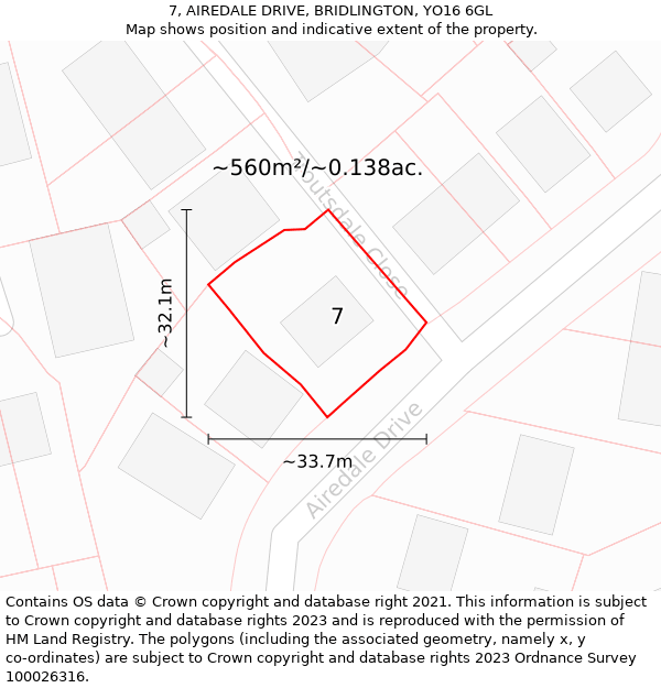 7, AIREDALE DRIVE, BRIDLINGTON, YO16 6GL: Plot and title map