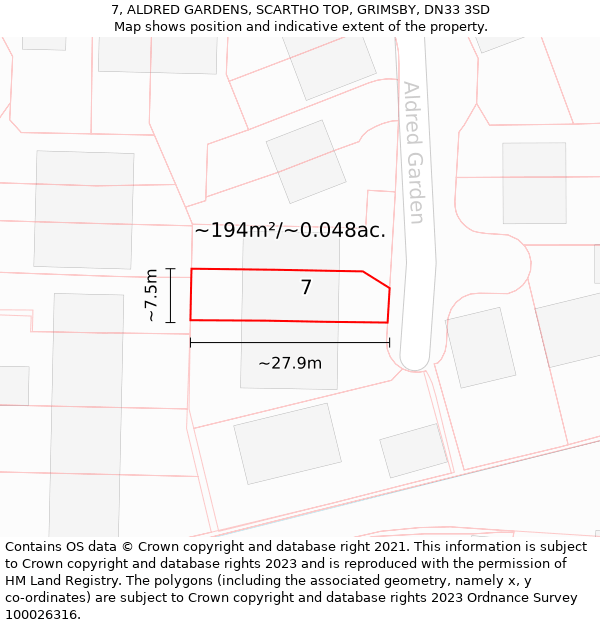 7, ALDRED GARDENS, SCARTHO TOP, GRIMSBY, DN33 3SD: Plot and title map