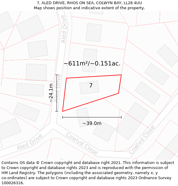 7, ALED DRIVE, RHOS ON SEA, COLWYN BAY, LL28 4UU: Plot and title map