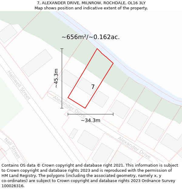 7, ALEXANDER DRIVE, MILNROW, ROCHDALE, OL16 3LY: Plot and title map