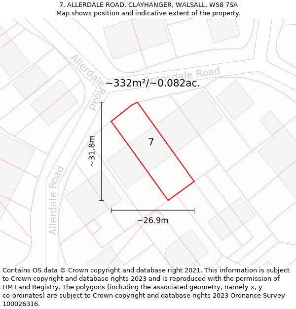 7, ALLERDALE ROAD, CLAYHANGER, WALSALL, WS8 7SA: Plot and title map