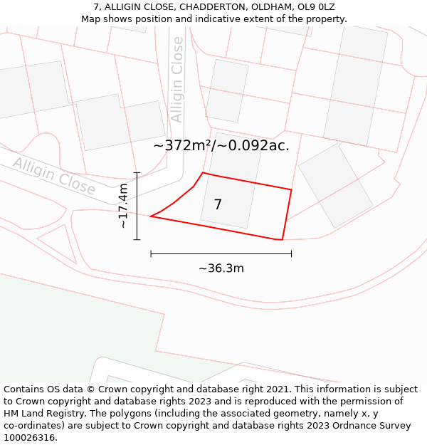 7, ALLIGIN CLOSE, CHADDERTON, OLDHAM, OL9 0LZ: Plot and title map