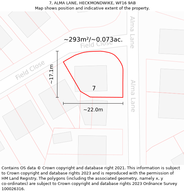 7, ALMA LANE, HECKMONDWIKE, WF16 9AB: Plot and title map